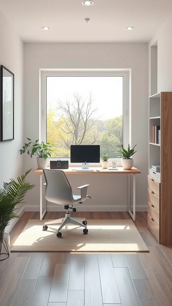 A cozy small home office featuring a desk by a large window with plants, an ergonomic chair, and wooden accents.