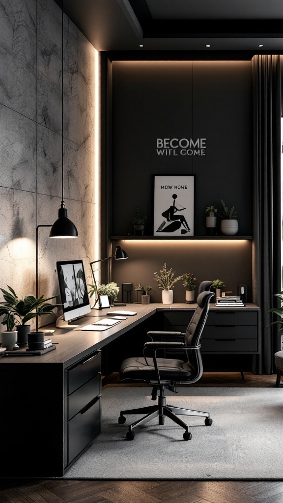 A stylish black and white home office featuring a chandelier, dark walls, and modern furnishings.