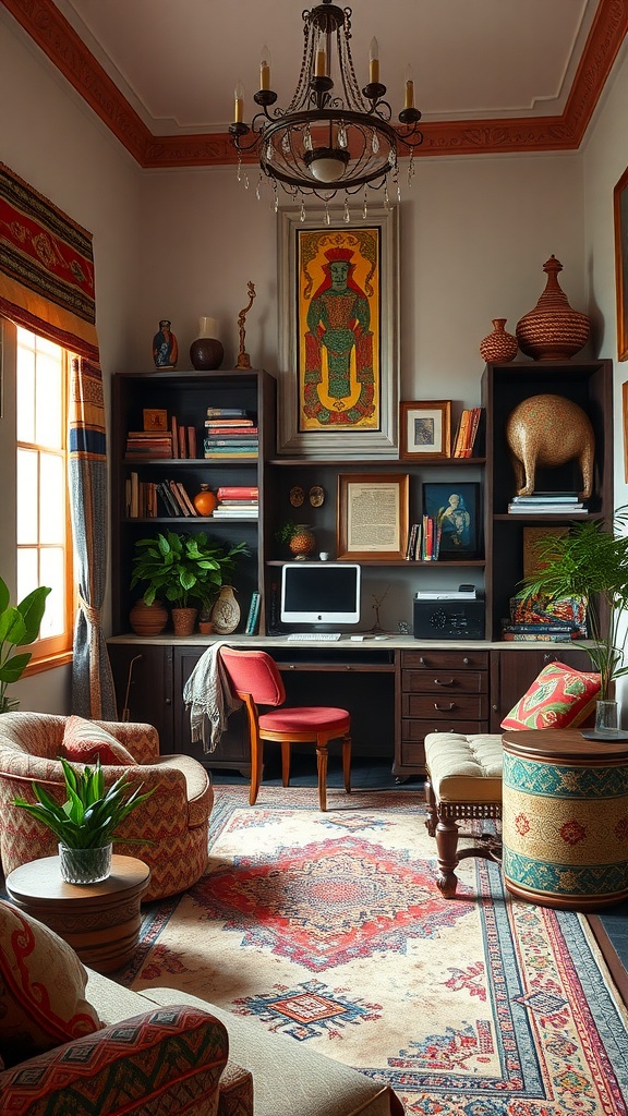 A cozy home office with eclectic decor, vibrant colors, and a blend of cultural influences.