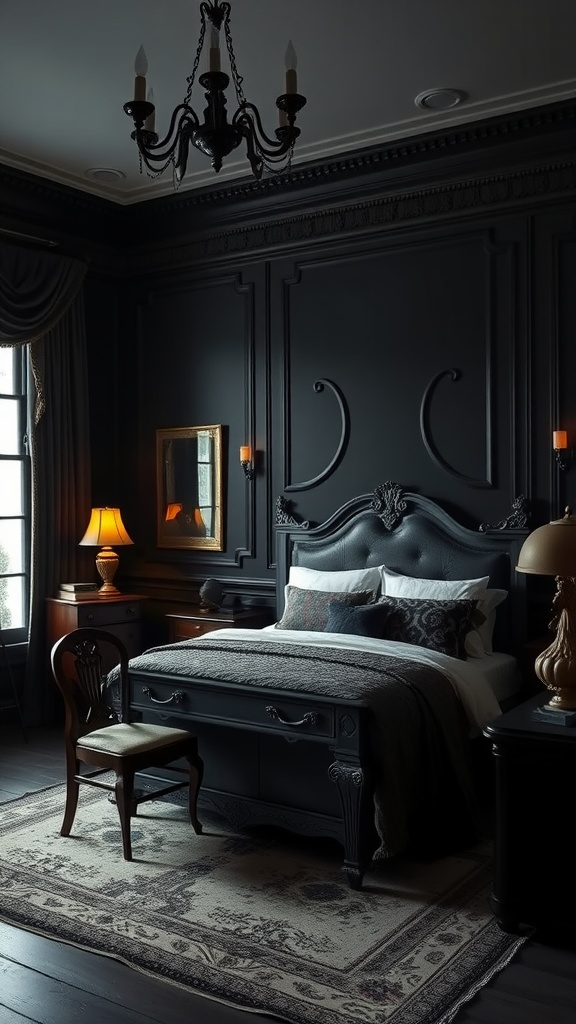 A cozy bedroom featuring elegant black walls, warm accent lighting, and vintage-style furniture, creating an inviting atmosphere perfect for a reading room.