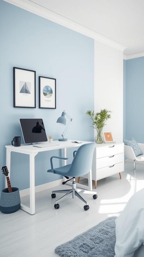 Minimalist blue and white workspace with a desk, computer, and potted plant.