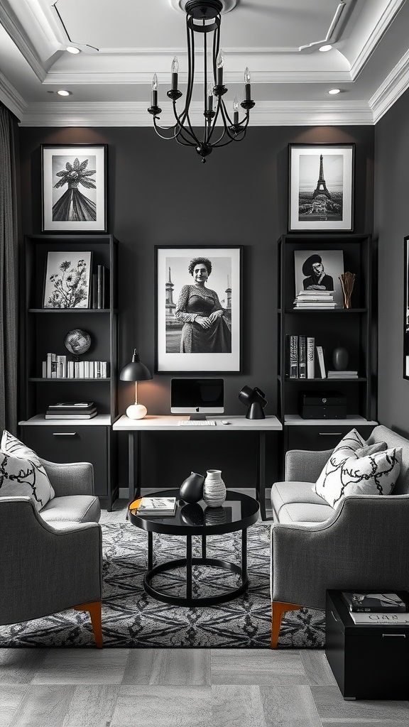 Elegant monochromatic wall art in a black and white home office