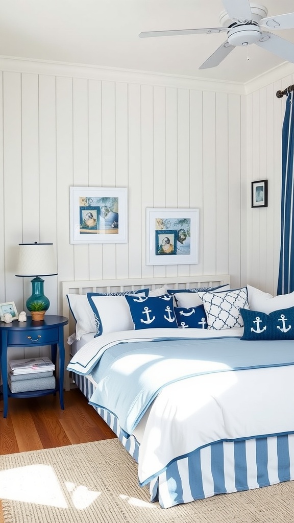 A serene bedroom featuring blue and white decor with nautical elements, including anchor-themed pillows and a cozy desk.