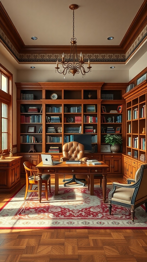 An elegant traditional study featuring rich wooden furniture, a cozy desk, and ornate decor.