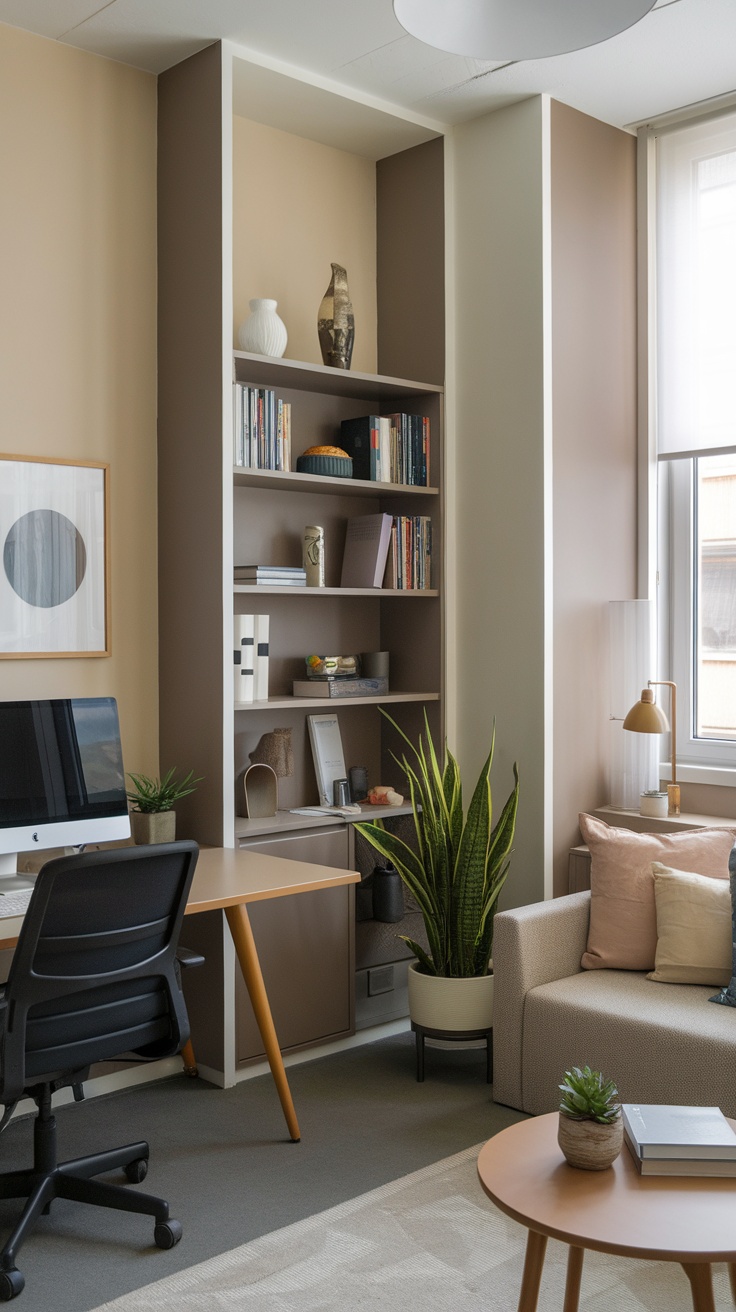 A well-organized small office space with desks, computers, and plants, promoting a clear work-life balance.