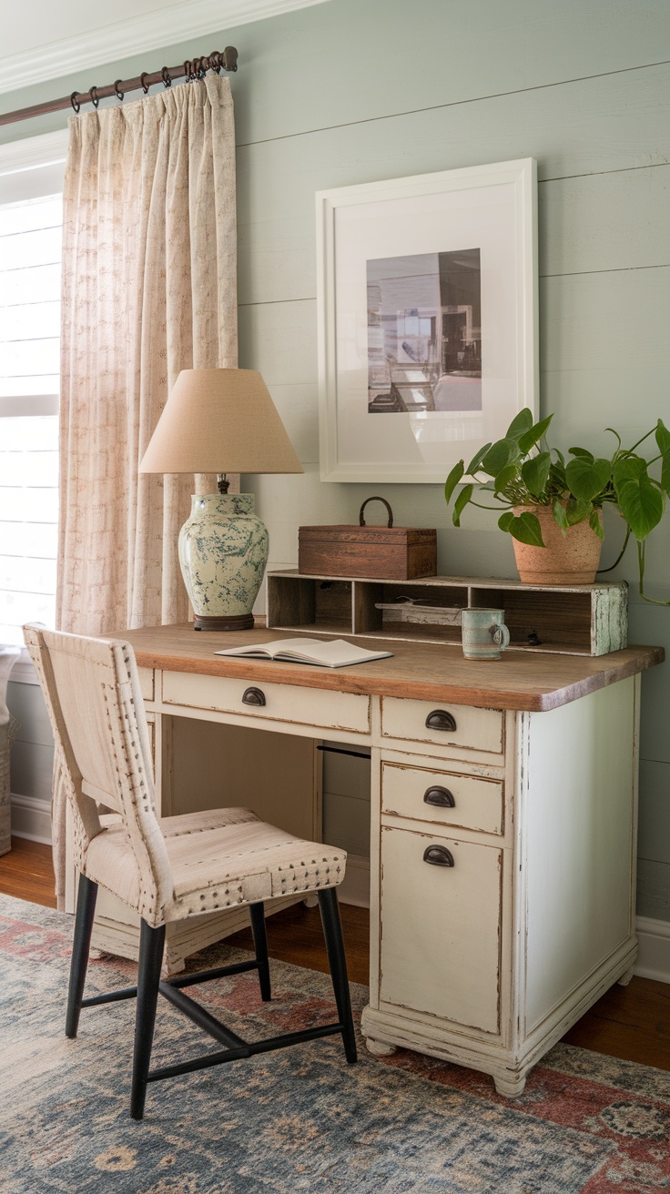 Cozy home office setup with a wooden desk, flowers, coffee, and warm sunlight.