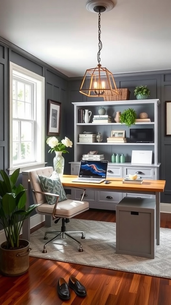 A cozy home office setup with a laptop, a mug, and flowers on a wooden table by a window.