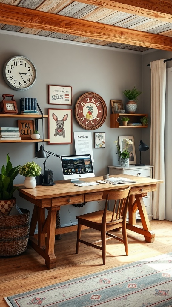 A cozy farmhouse style home office featuring a wooden desk, vintage wall art, and a chair with a natural wood finish.