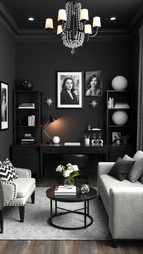 A monochrome home office featuring black walls, elegant chandelier, and stylish decor