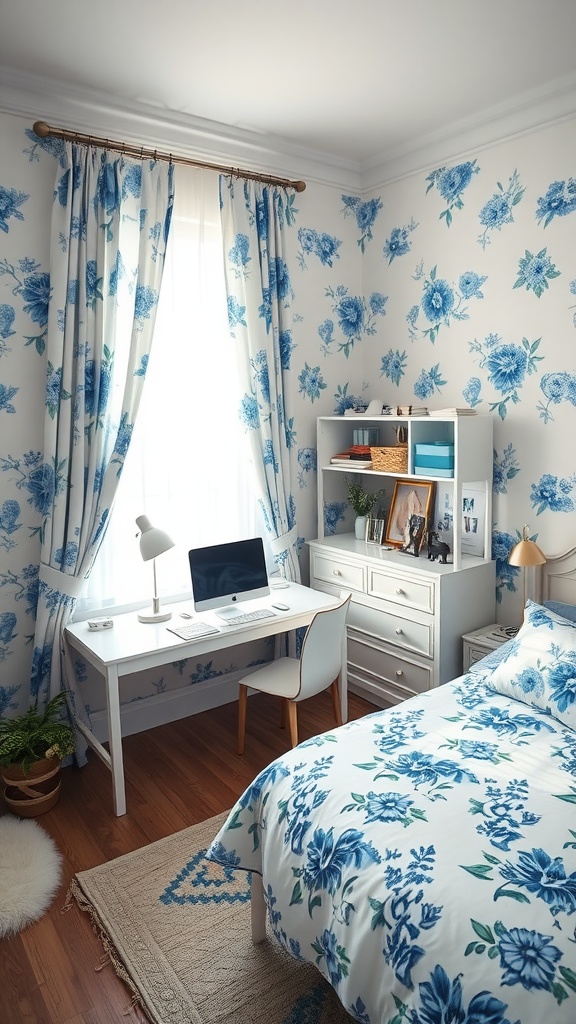 A serene bedroom featuring floral patterns in blue and white, with a cozy desk and warm decor.