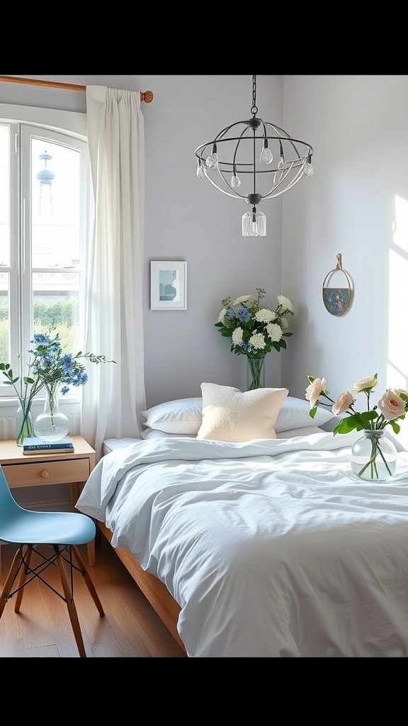 A cozy bedroom with a bed, a nightstand, and fresh blue and white flowers in a vase, featuring a minimalist office nook.