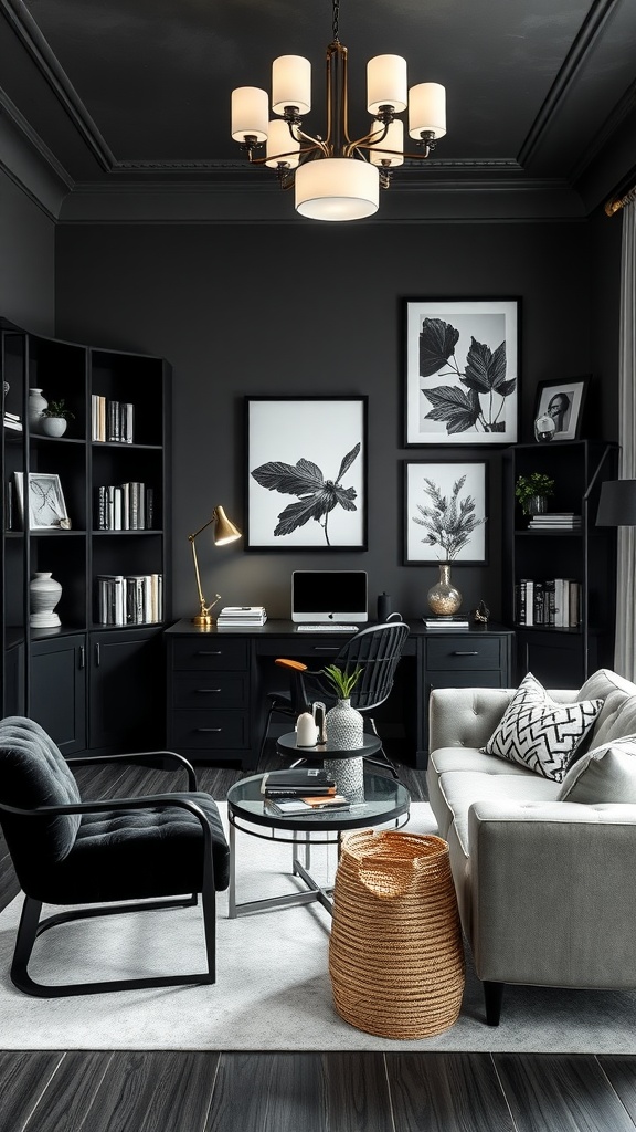 A stylish black and white home office featuring a black desk, modern chair, and chic decor elements.