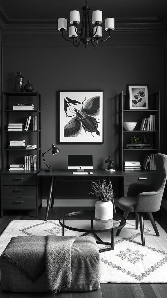 Stylish black and white home office with desk and storage solutions