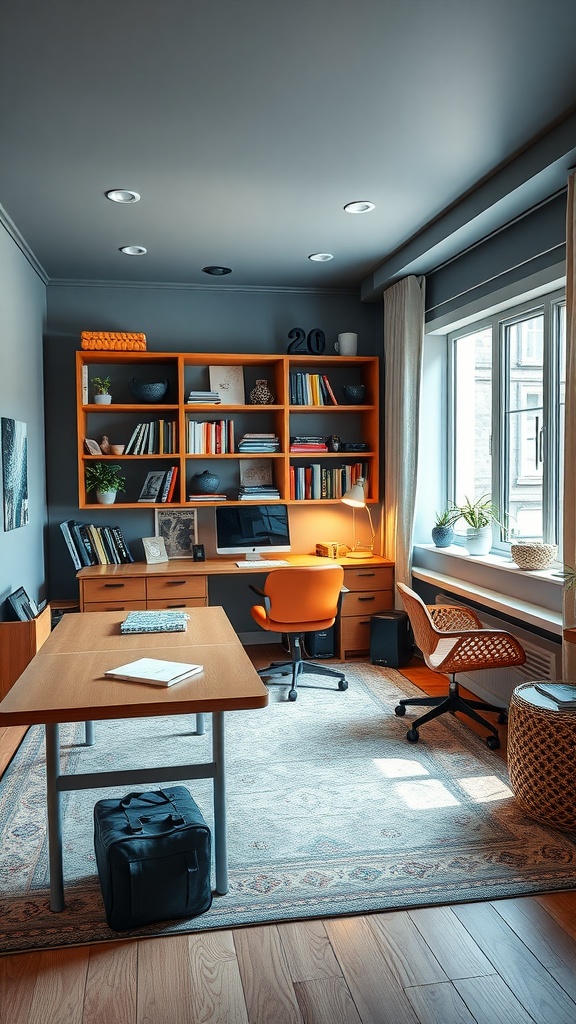 Cozy and functional family home office with wooden desk, orange chair, and book shelf.