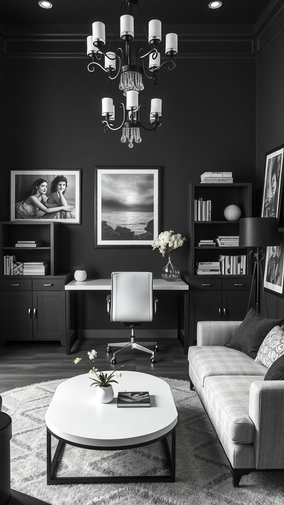 Stylish black and white home office featuring modern desk, elegant chandelier, and chic decor.