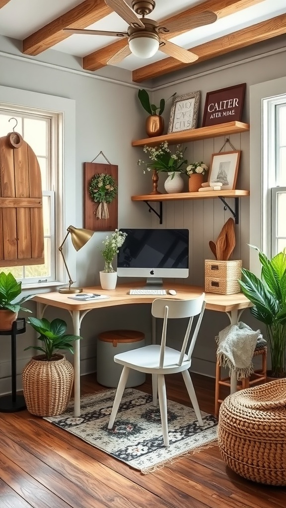 A cozy home office setup with a desk, laptop, flowers, and a cup of tea, bathed in warm sunlight.