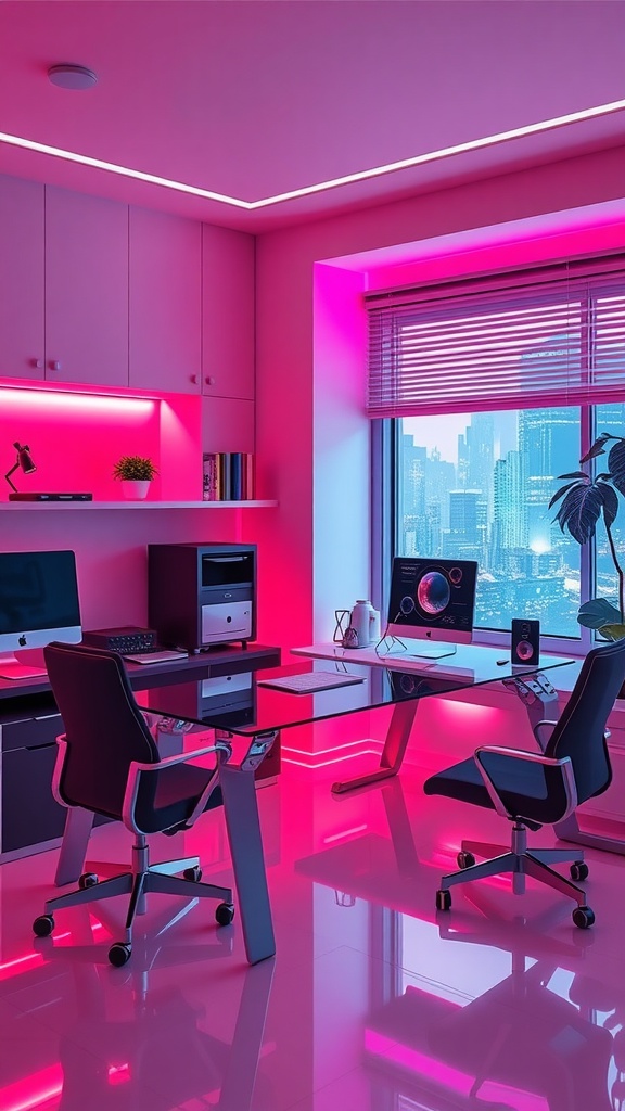 A futuristic home office with pink lighting, sleek furniture, and a view of a city skyline.