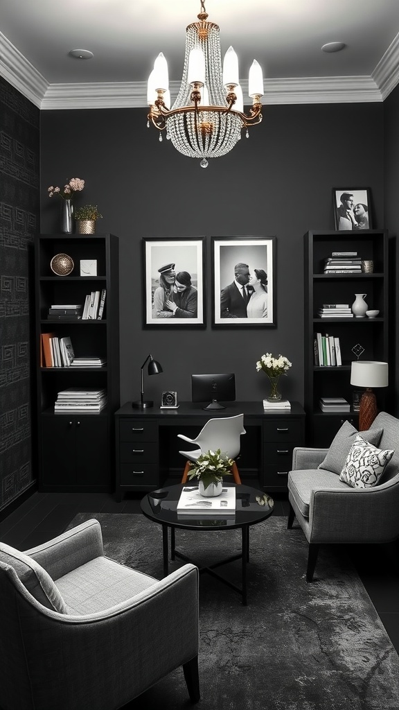 A stylish home office featuring geometric patterned walls, a black desk, and elegant gray chairs, all in a modern black and white decor.