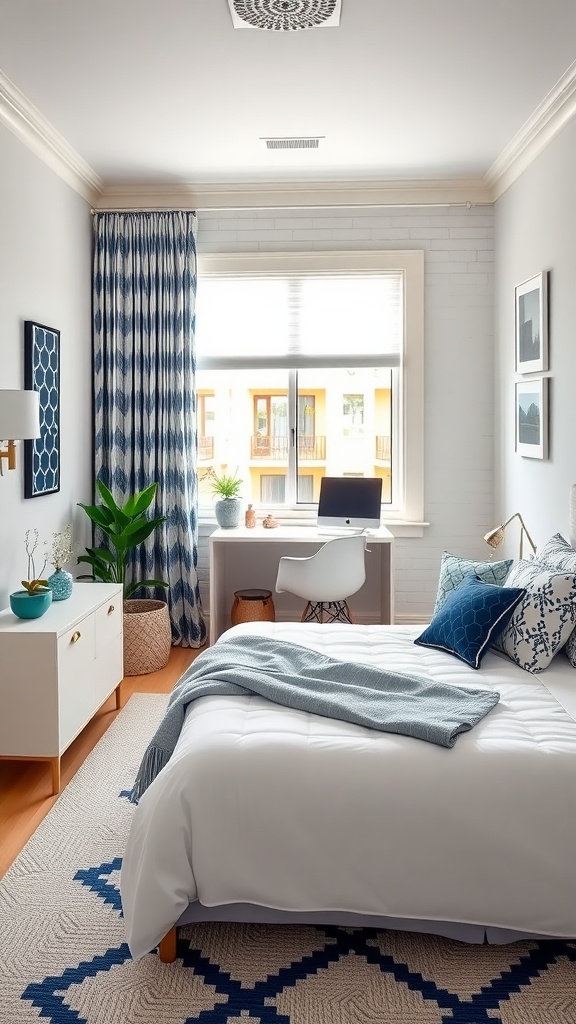 A serene bedroom with geometric patterned textiles; a cozy bed, stylish desk, and vibrant curtains.