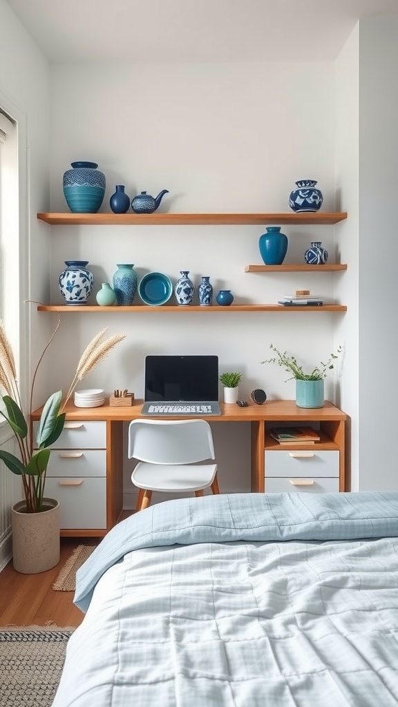 Cozy home office setup featuring hand-painted blue ceramics on shelves above a wooden desk.