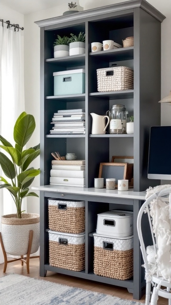 A cozy home office featuring a wooden desk, potted plants, a laptop, and a coffee mug, all bathed in natural light.