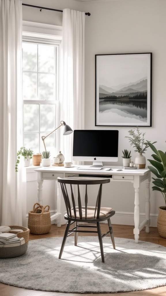 Cozy home office with a laptop, glass of tea, and flowers by a window