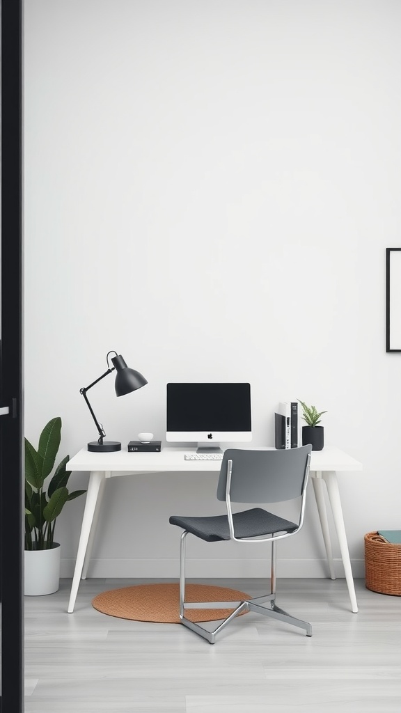 Minimalist home office setup with a white desk, chair, computer, and plants in a small space.