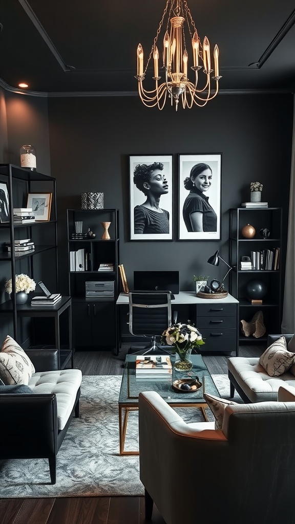 Stylish home office featuring black walls, black furniture, and metallic chandelier.