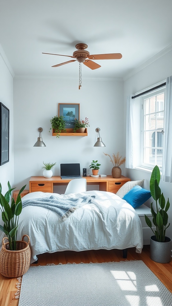 A cozy retreat bedroom with a desk, plants, and soft bedding, showcasing a serene blue and white color scheme.