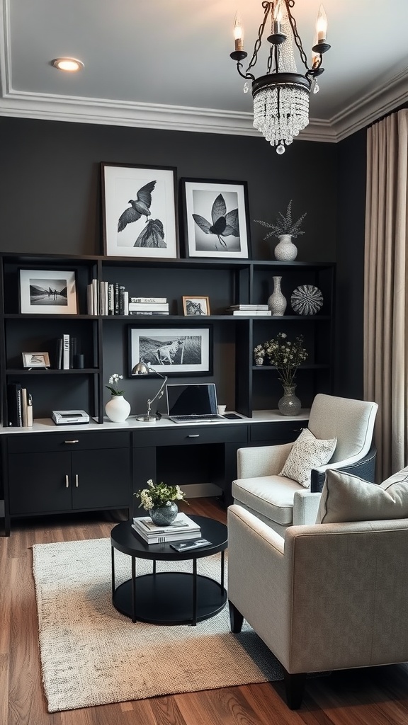 A sophisticated black and white home office featuring natural elements like plants and wood accents.