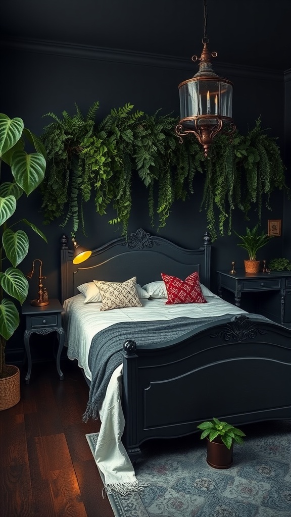 A dark moody bedroom featuring a bed with decorative pillows, lush hanging ferns, and a cozy atmosphere.