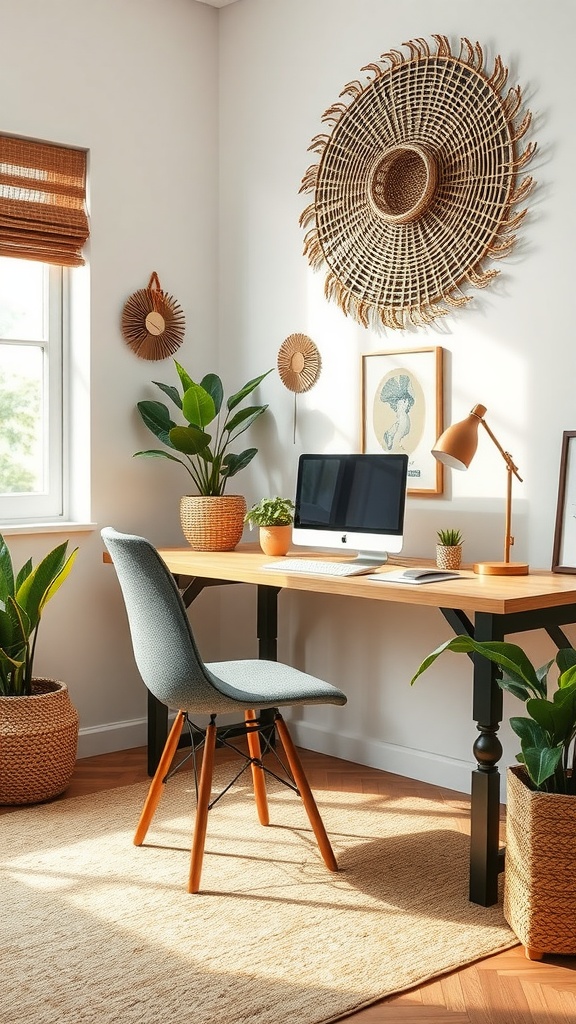 Cozy home office with natural materials, featuring a wooden desk, flowers, and warm lighting.