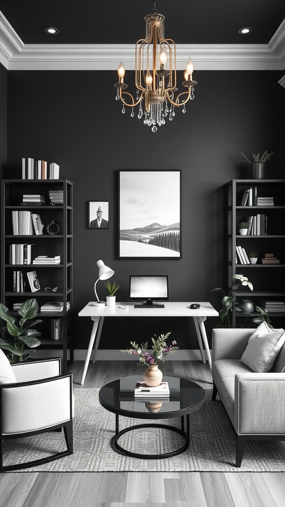 A stylish black and white home office featuring plants, a modern desk, and elegant decor.