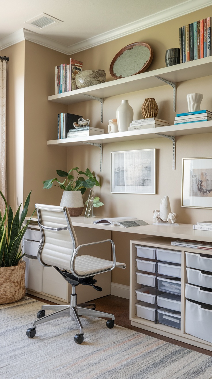 A small home office with a desk, storage bins, and plants, showcasing smart storage solutions in a cozy workspace.