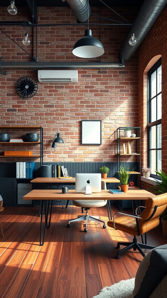 A stylish industrial chic home office featuring exposed brick walls, a wooden desk, and a cozy chair