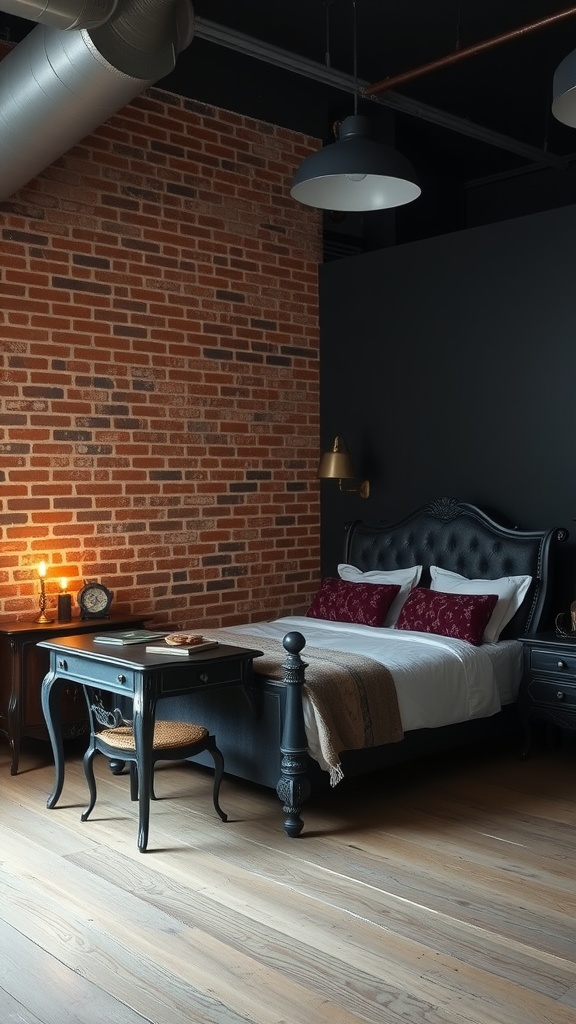 A stylish industrial bedroom with exposed brick walls, a vintage bed, and a small desk.