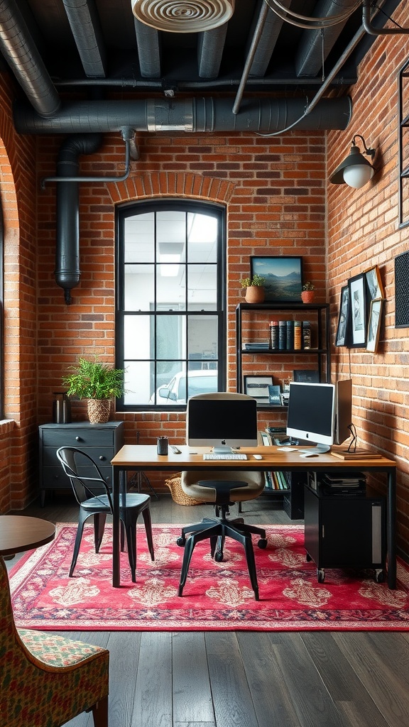 A stylish industrial chic workspace featuring exposed brick walls, a wooden desk, and modern decor.