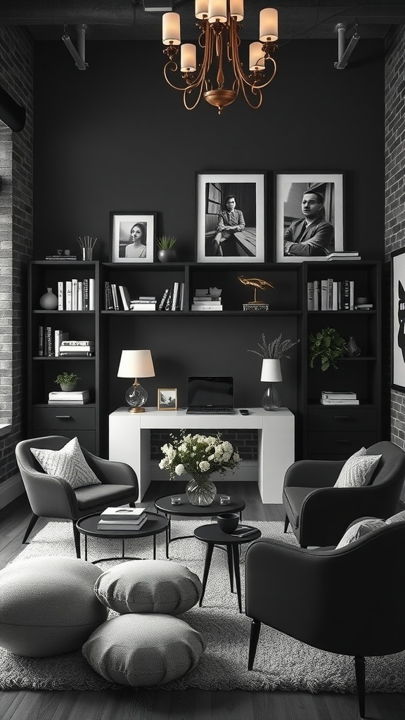 An elegant industrial style home office with black walls, white desk, and stylish furniture.