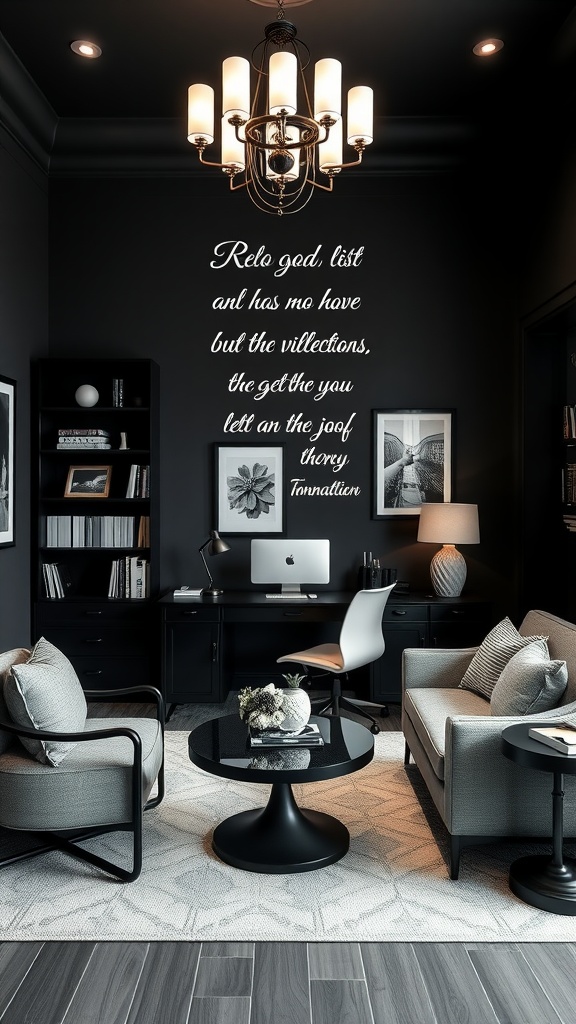 A stylish home office featuring an inspirational quote on the wall, black office furniture, and light gray seating.