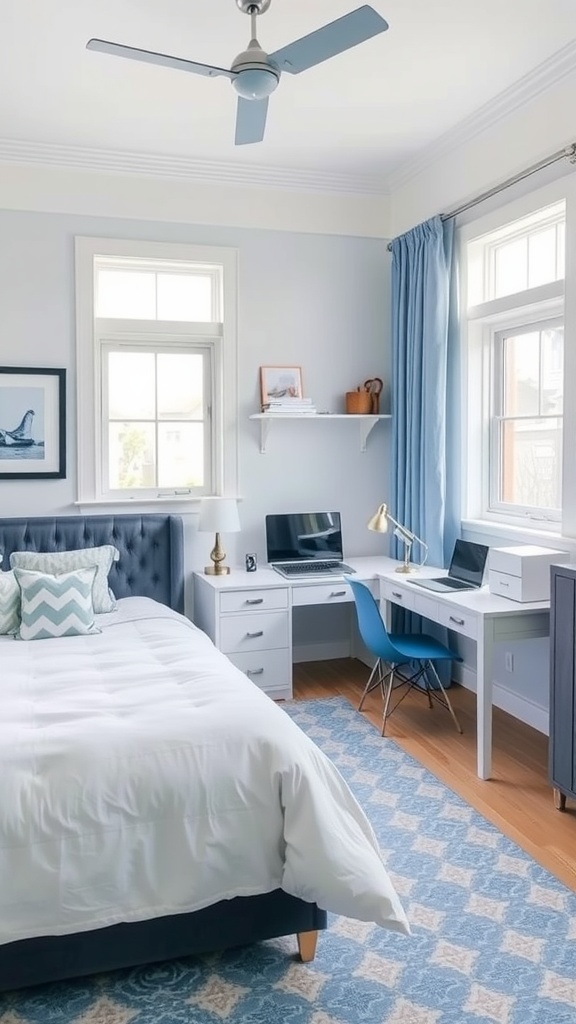 A serene blue and white bedroom with an integrated workspace featuring a cozy desk, modern decor, and ample natural light.