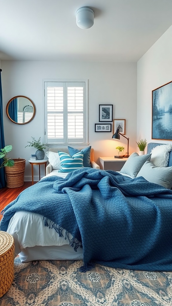 A cozy bedroom featuring blue and white tones, showcasing a bed with a blue throw, decorative pillows, and a small workspace.