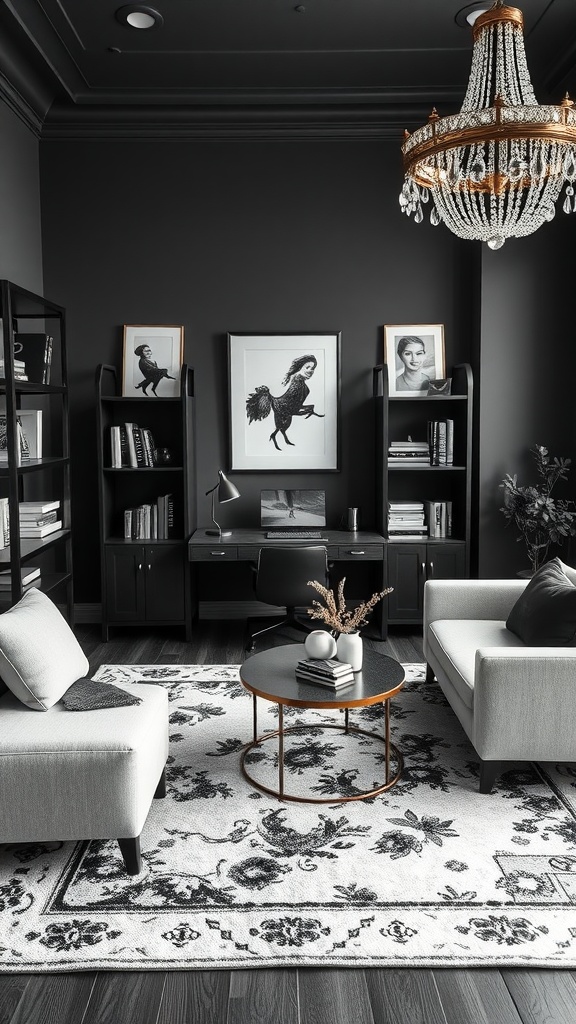 A stylish black and white home office featuring layered area rugs, elegant furniture, and a sophisticated chandelier.