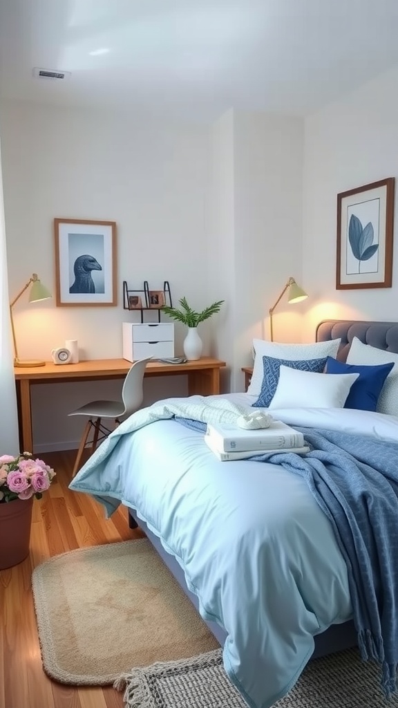 A serene bedroom with layered blue and white bedding, a small desk, and decorative elements, perfect for a work from home setup.