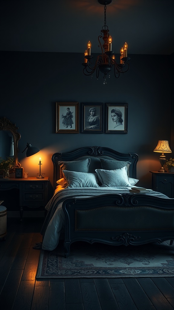 A dark moody bedroom with layered lighting, featuring a chandelier and bedside lamps, creating a cozy atmosphere.