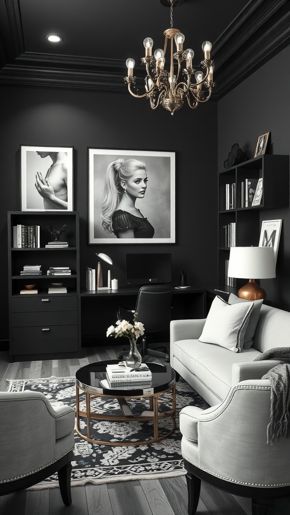 A sophisticated black and white home office featuring a dark wall, elegant furniture, and chic decor.