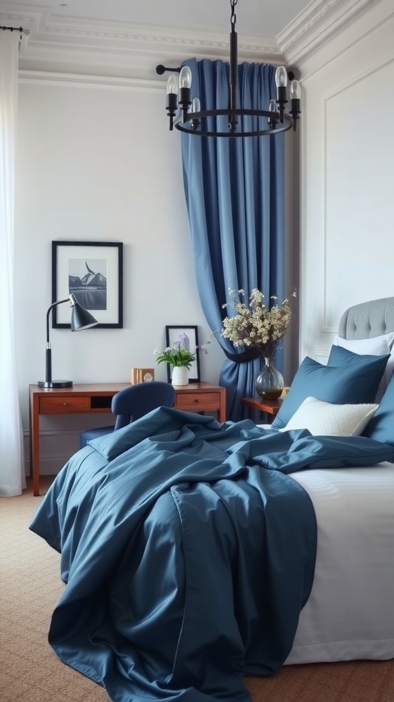 A serene bedroom with luxurious silk and cotton bedding in deep blue, featuring a cozy desk and minimalist decor.