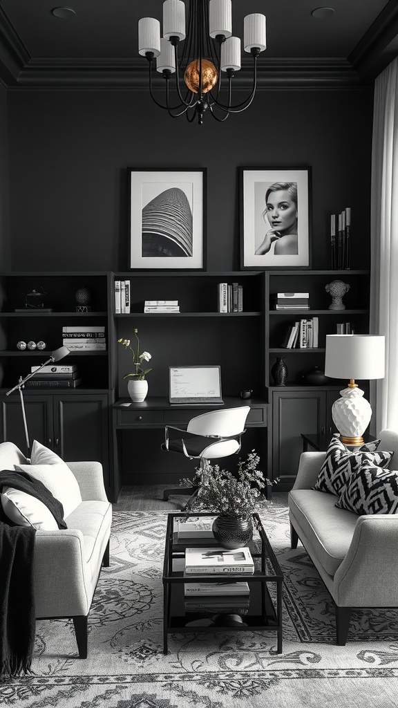 Luxurious black and white home office with elegant textiles and fabrics