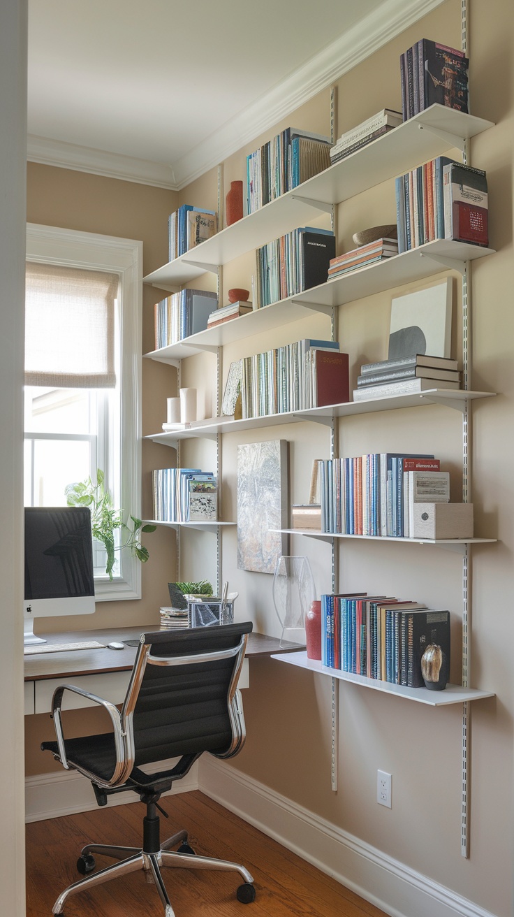 A cozy home office with a shelving unit filled with books and decorative items, a desk, and a comfortable chair