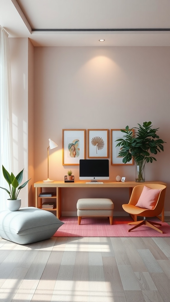 A stylish meditative workspace featuring a cozy desk, a comfortable chair, plants, and soft pink walls.