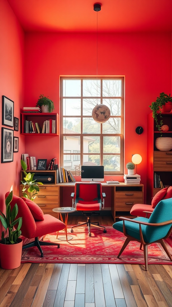 A mid-century modern home office with red walls, comfortable chairs, and a cozy desk.